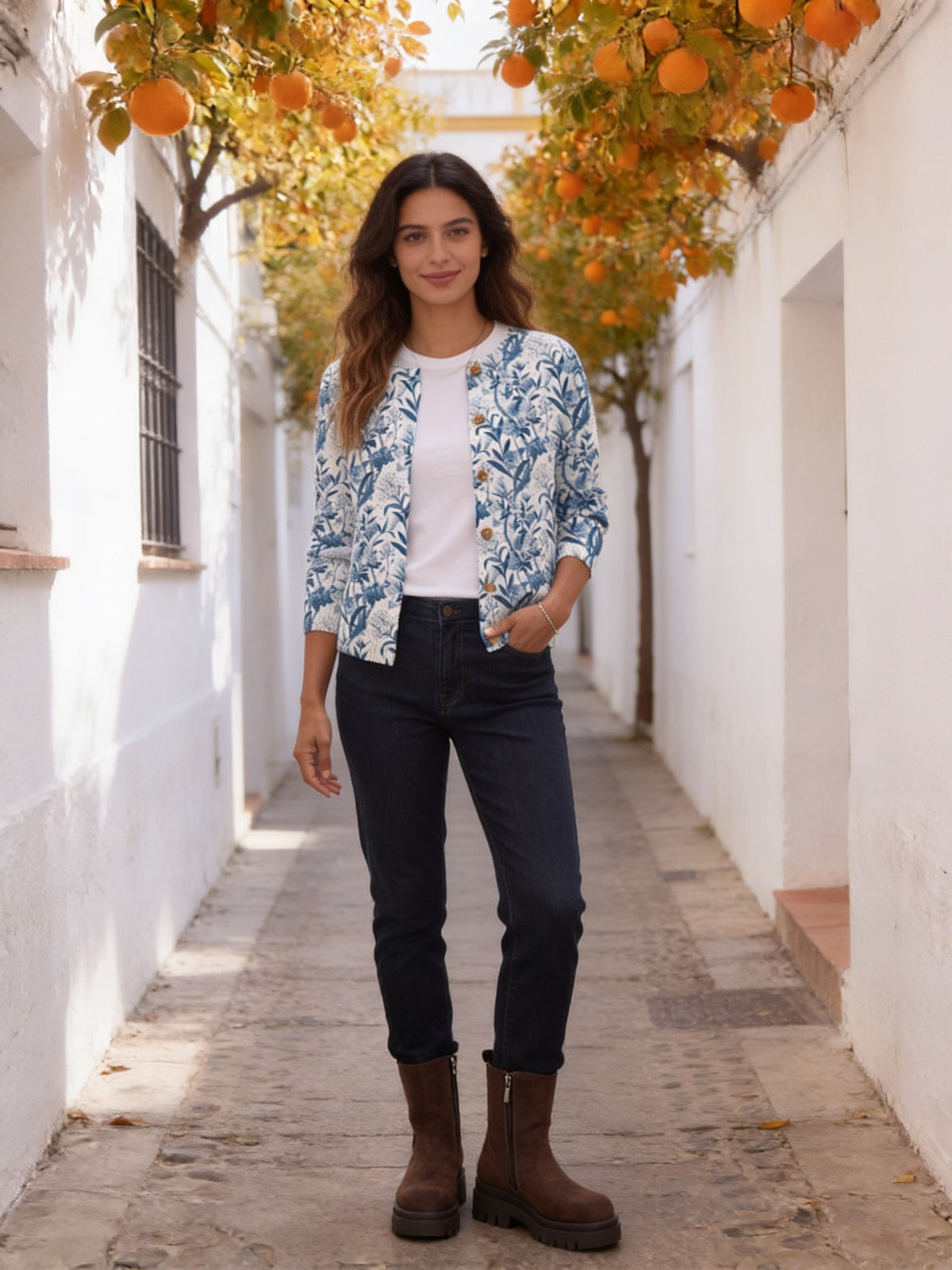 Anémona · Cárdigan de punto con estampado botánico azul
