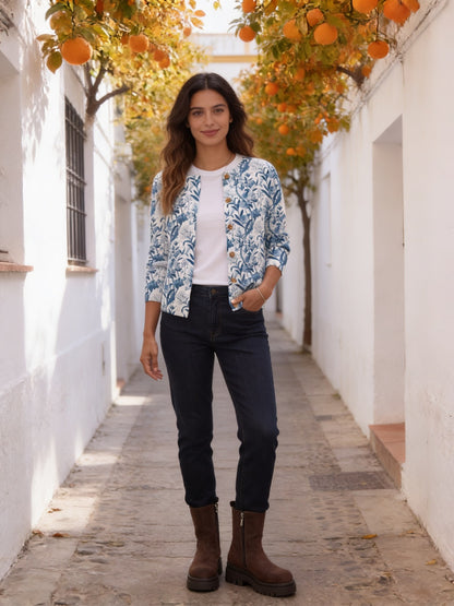 Anémona · Cárdigan de punto con estampado botánico azul