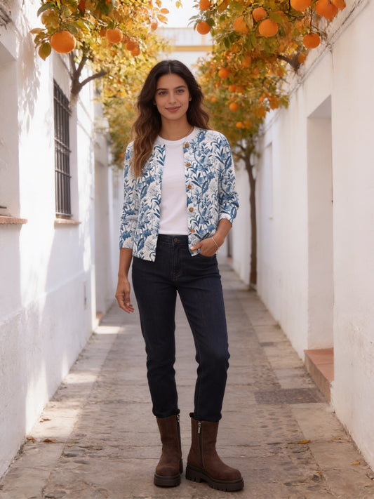 Anémona · Cárdigan de punto con estampado botánico azul