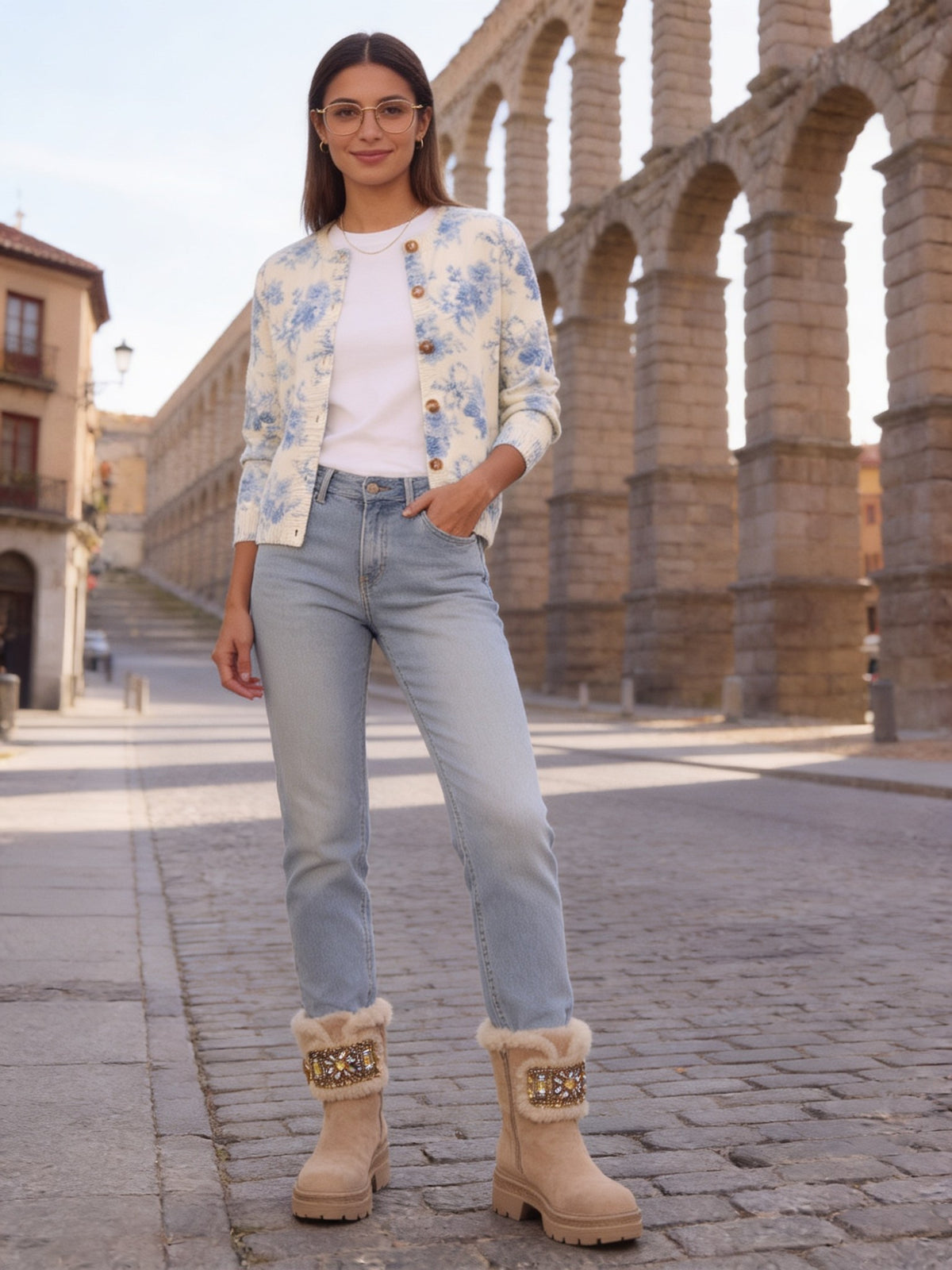 Lila · Cárdigan de punto con flores azules
