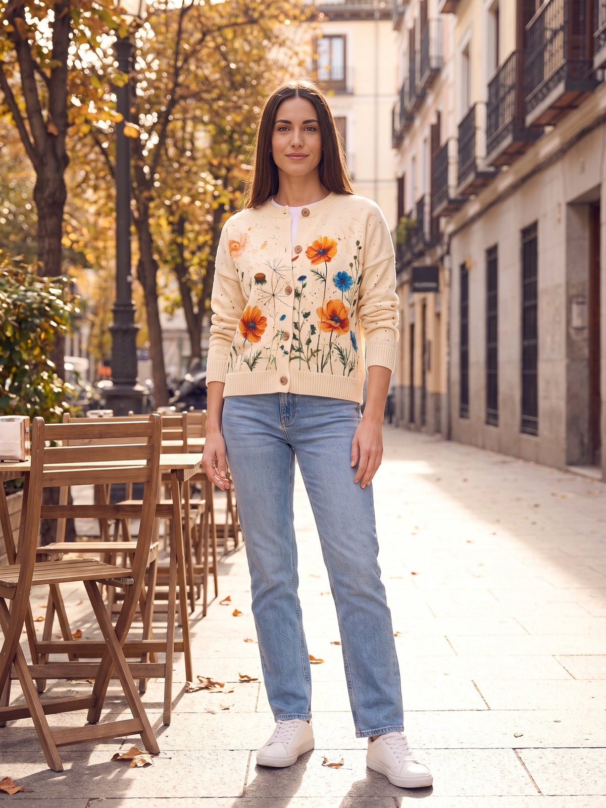 Caléndula · Cárdigan de punto con flores de campo