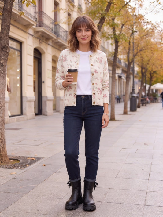 Clavelina · Cárdigan de punto con flores rosas