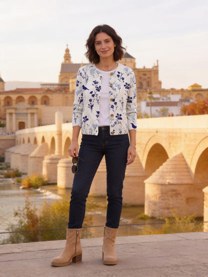 Glicinia · Cárdigan de punto con flores y pájaros
