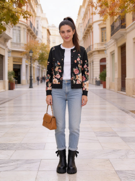 Peonía · Cárdigan de punto negro con flores