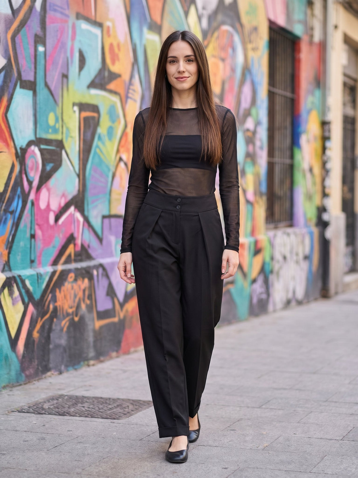 Carlota · Conjunto de top de malla y pantalón de pinzas