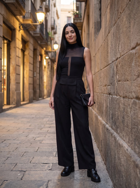 Martina · Conjunto negro de top con transparencias y palazzo
