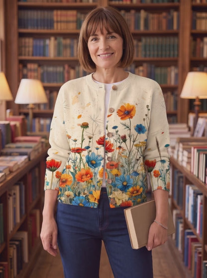 Caléndula · Cárdigan de punto con flores de campo