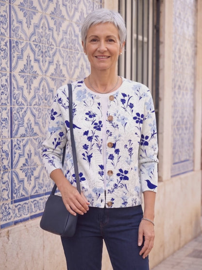 Glicinia · Cárdigan de punto con flores y pájaros